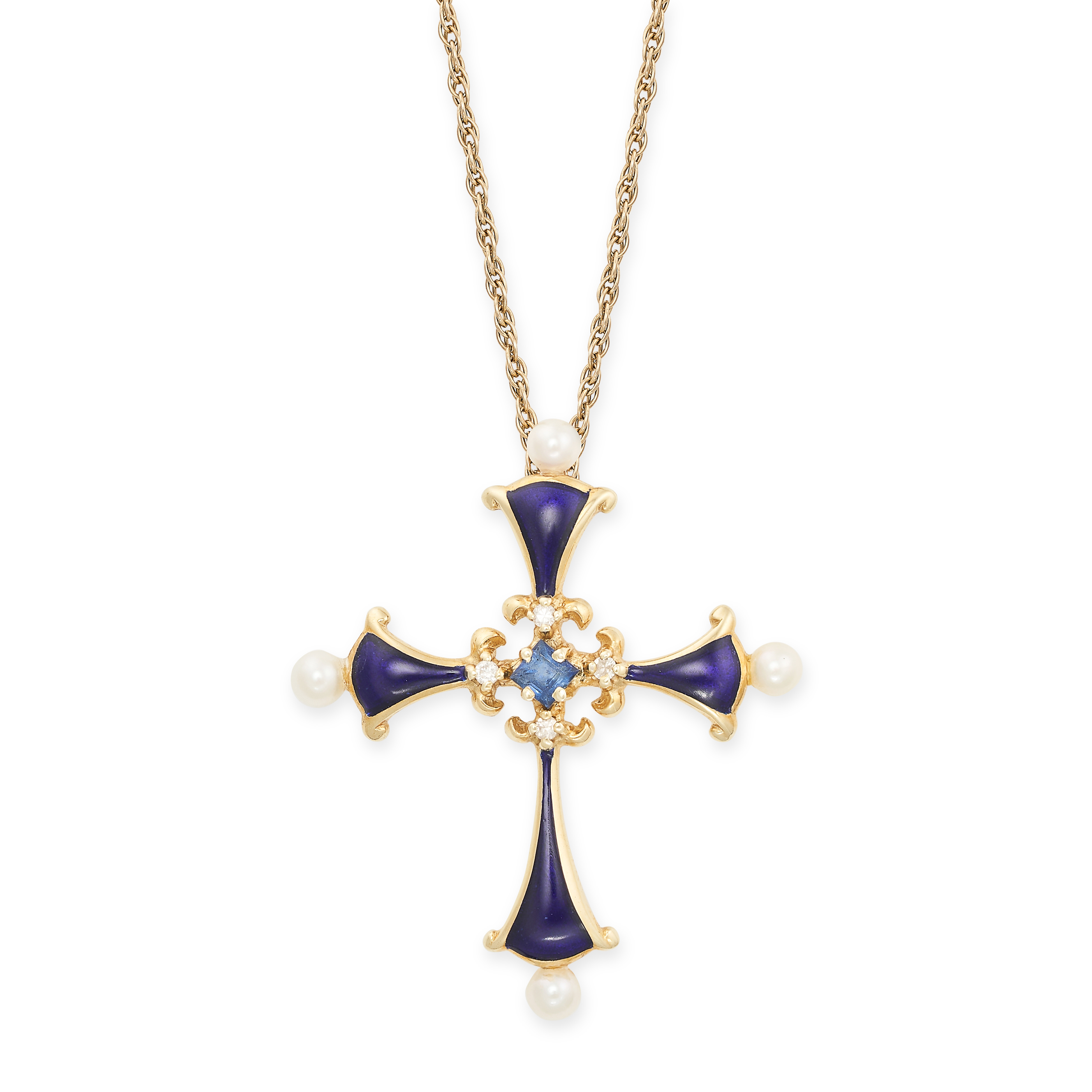 IGOR CARL FABERGE, A VINTAGE SAPPHIRE, DIAMOND PEARL AND ENAMEL CROSS PENDANT NECKLACE 1980s in 14ct