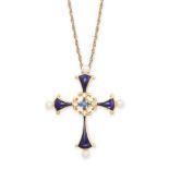IGOR CARL FABERGE, A VINTAGE SAPPHIRE, DIAMOND PEARL AND ENAMEL CROSS PENDANT NECKLACE 1980s in 14ct