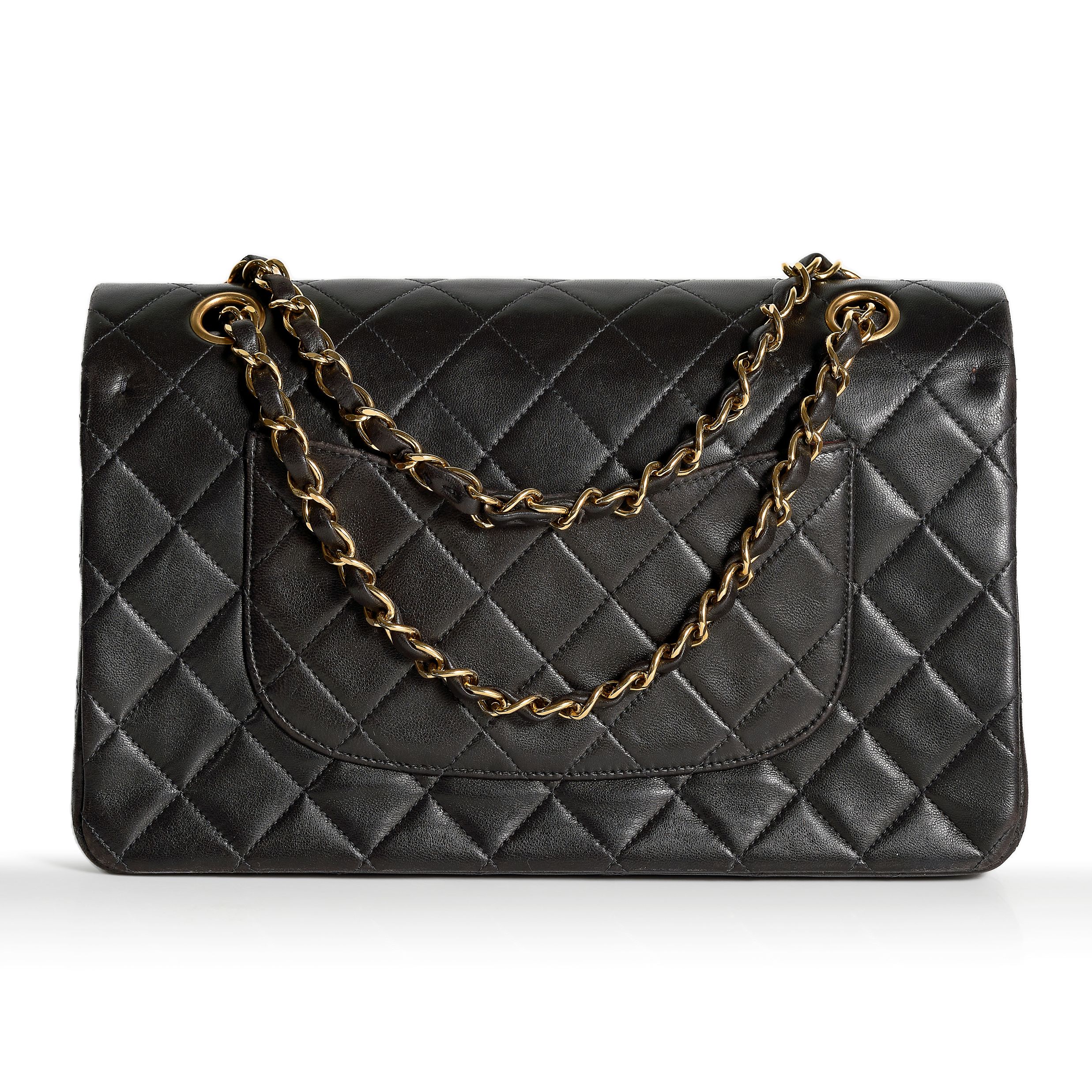 CHANEL, A VINTAGE BLACK QUILTED LAMB LEATHER 10" DOUBLE FLAP BAG quilted lamb leather, gold tone - Image 2 of 3
