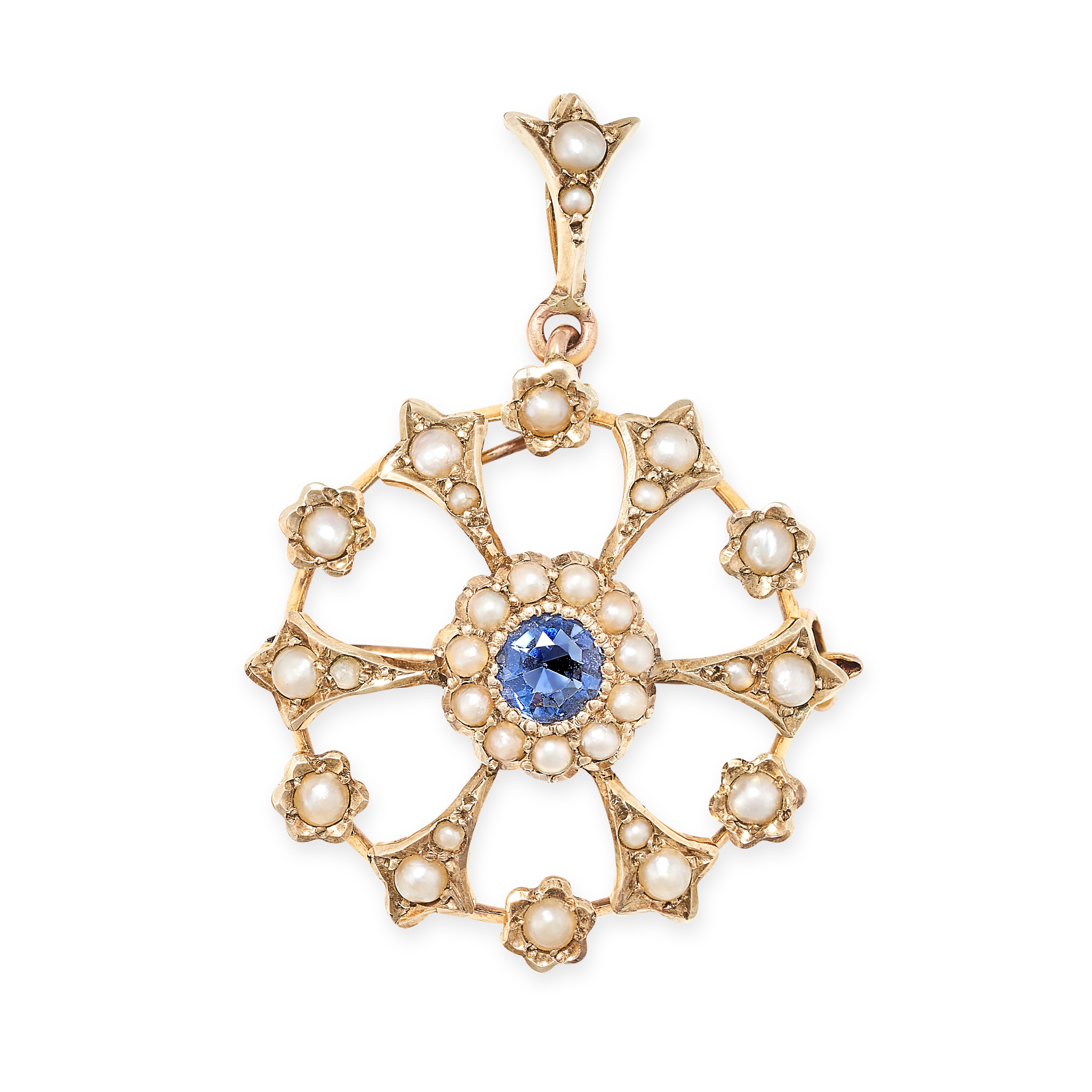 AN ANTIQUE EDWARDIAN SAPPHIRE AND PEARL BROOCH / PENDANT in yellow gold, set with a central round