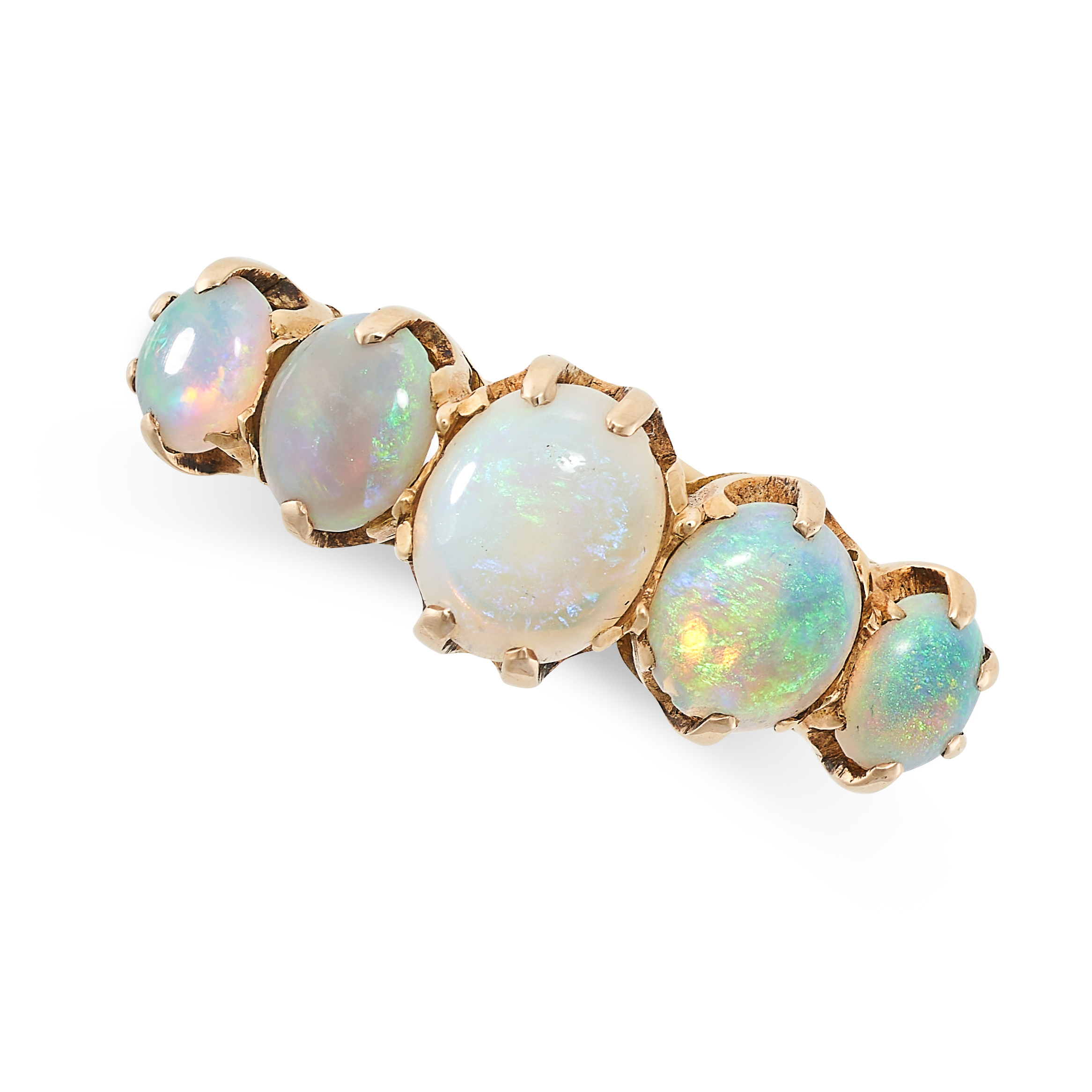 ANTIQUE OPAL RING in 18ct yellow gold, set with five graduated cabochon opals, British Hallmarks for