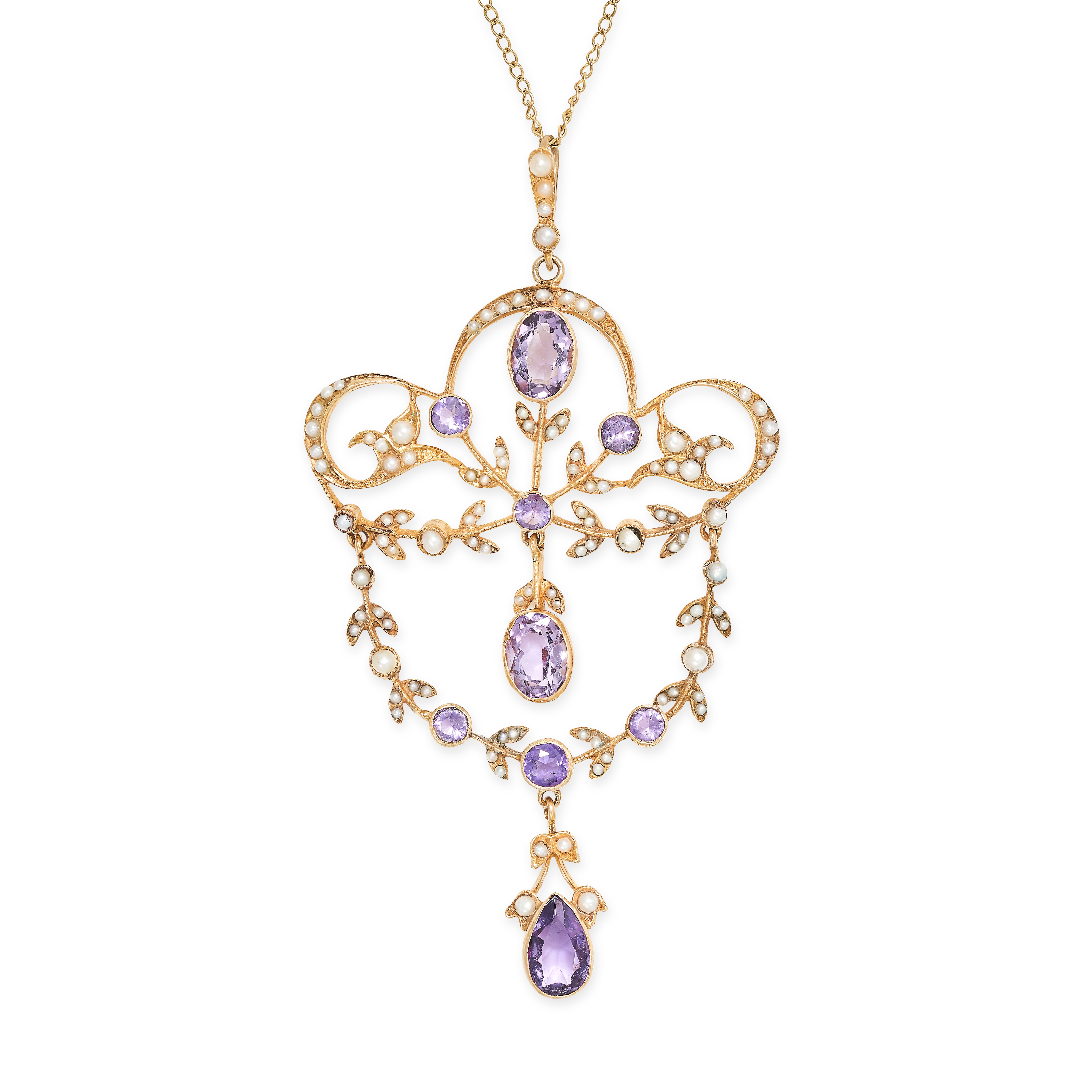 AN ANTIQUE EDWARDIAN AMETHYST AND PEARL PENDANT AND CHAIN in 15ct and 9ct yellow gold, the pendant