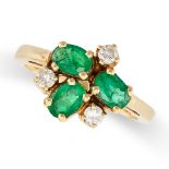 AN EMERALD AND DIAMOND RING set with three oval cut emeralds and three round brilliant cut diamonds,