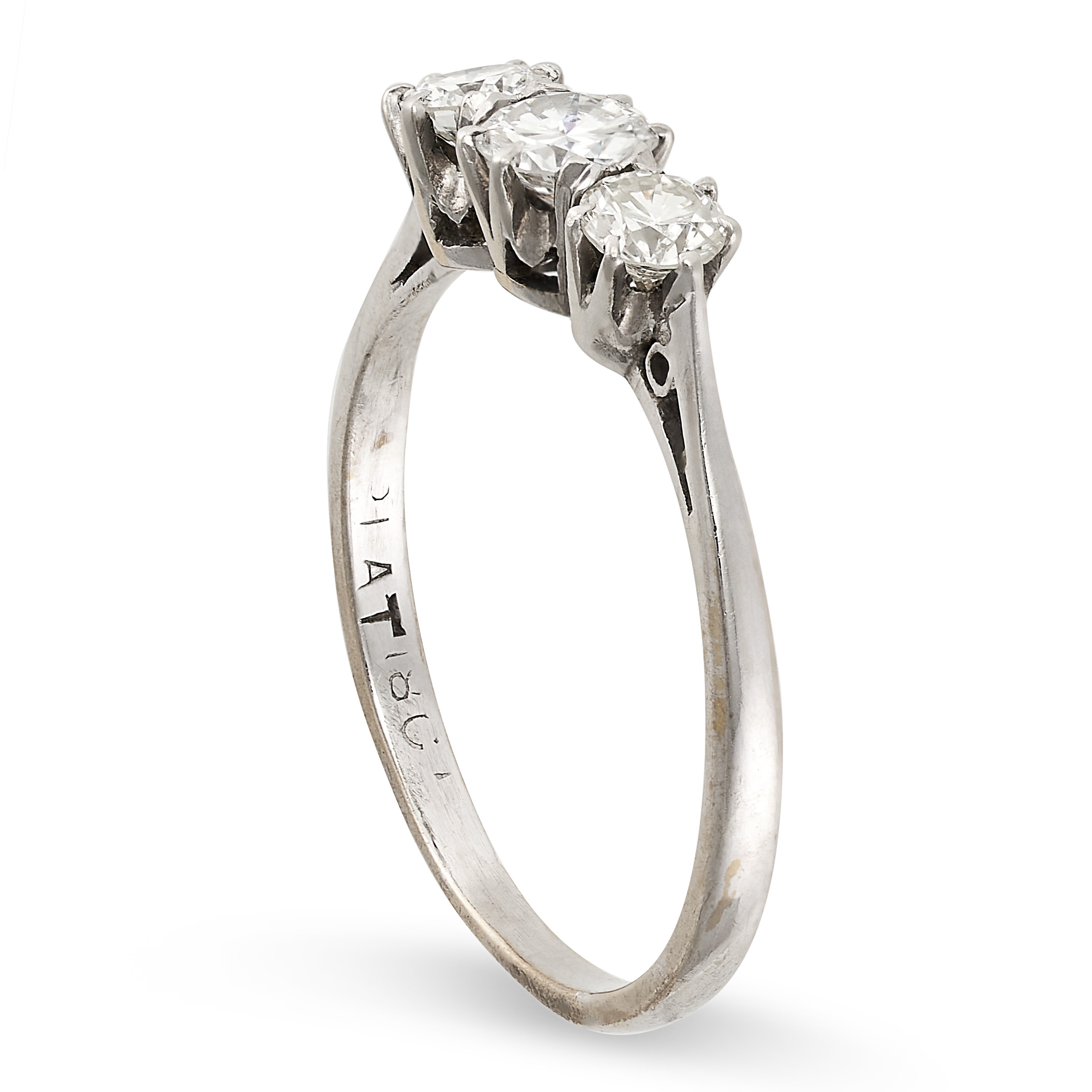 A DIAMOND THREE STONE RING set with three round brilliant cut diamonds all totalling 0.4-0.5 carats, - Image 2 of 2