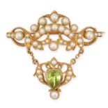 AN ANTIQUE EDWARDIAN PERIDOT AND PEARL BROOCH in yellow gold, in scrolling design, set with pearls