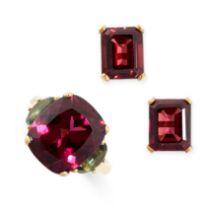 A RHODOLITE GARNET AND TOURMALINE RING AND EARRINGS SUITE the ring set with a cushion cut