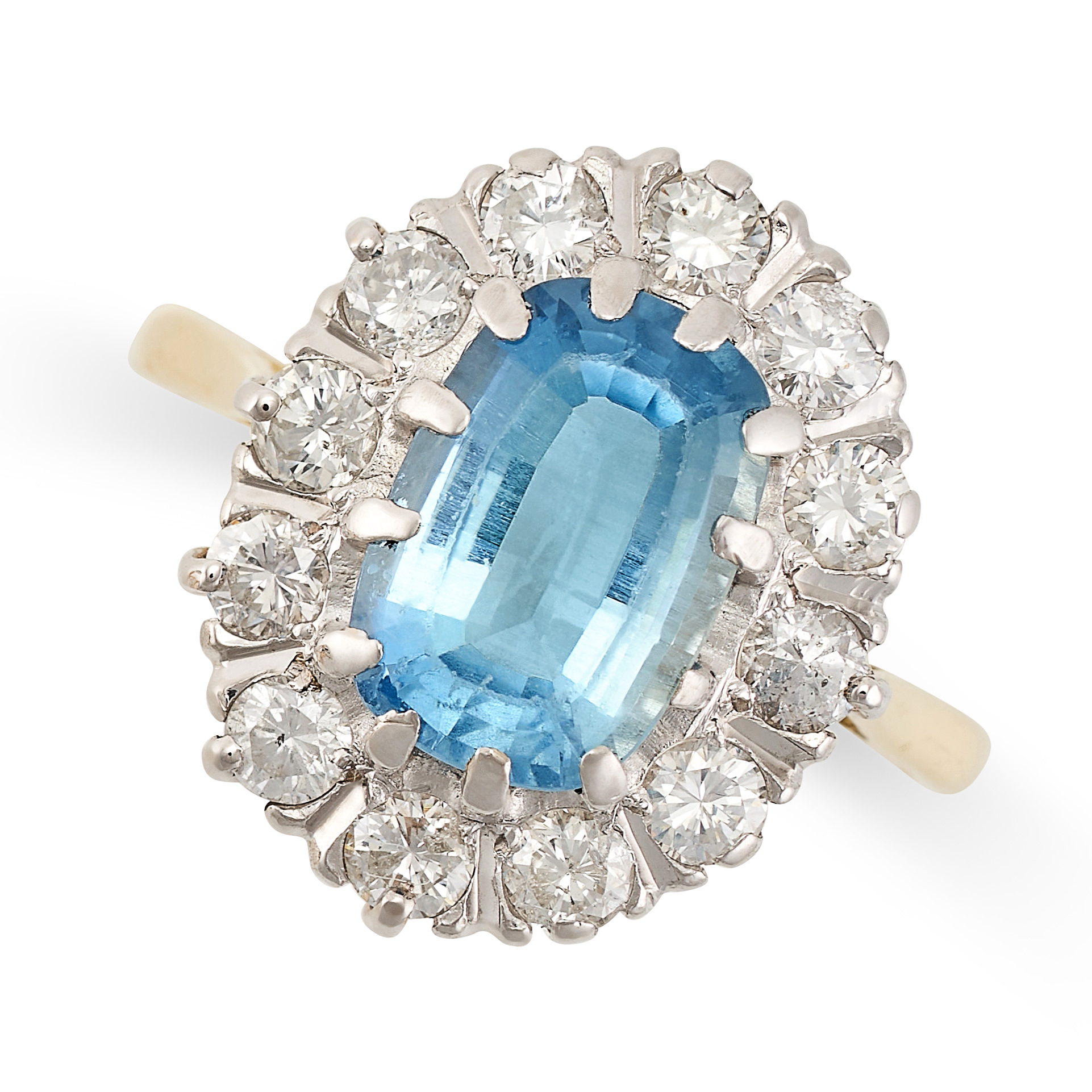 AN AQUAMARINE AND DIAMOND CLUSTER RING in 18ct yellow gold, set with a cushion cut aquamarine of 2.