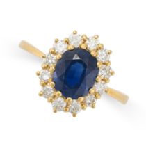 A SAPPHIRE AND DIAMOND CLUSTER RING set with an oval cut sapphire of 1.67 carats, in a cluster of