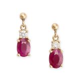 A PAIR OF RUBY AND DIAMOND DROP EARRINGS each set with a round brilliant cut diamond, suspending