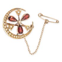 A VINTAGE GARNET AND PEARL CRESCENT MOON BROOCH in 9ct yellow gold, comprising a crescent moon motif