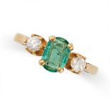 AN EMERALD AND DIAMOND THREE STONE RING in 18ct yellow gold, set with a cushion cut emerald