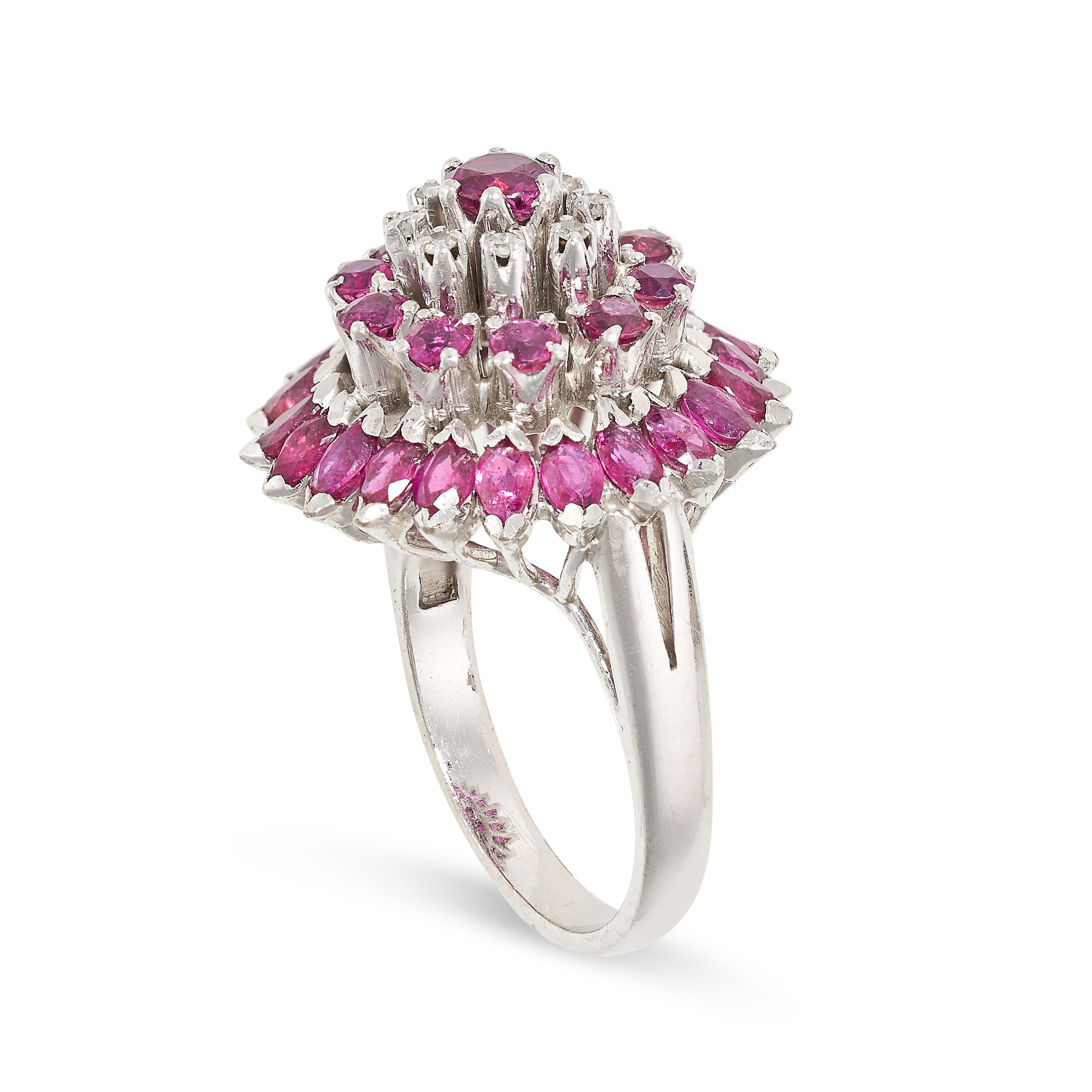 A RUBY AND DIAMOND COCKTAIL RING the domed face set with a central round cut ruby in concentric - Image 2 of 2