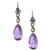 A PAIR OF AMETHYST AND DIAMOND DROP EARRINGS each comprising a trio of rose cut diamonds