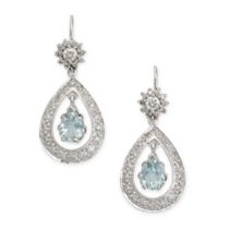 A PAIR OF AQUAMARINE AND DIAMOND DROP EARRINGS each set with a cluster of round cut diamonds,