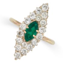 AN EMERALD AND DIAMOND MARQUISE RING in yellow gold, set with a marquise cut emerald, accented by