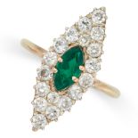 AN EMERALD AND DIAMOND MARQUISE RING in yellow gold, set with a marquise cut emerald, accented by