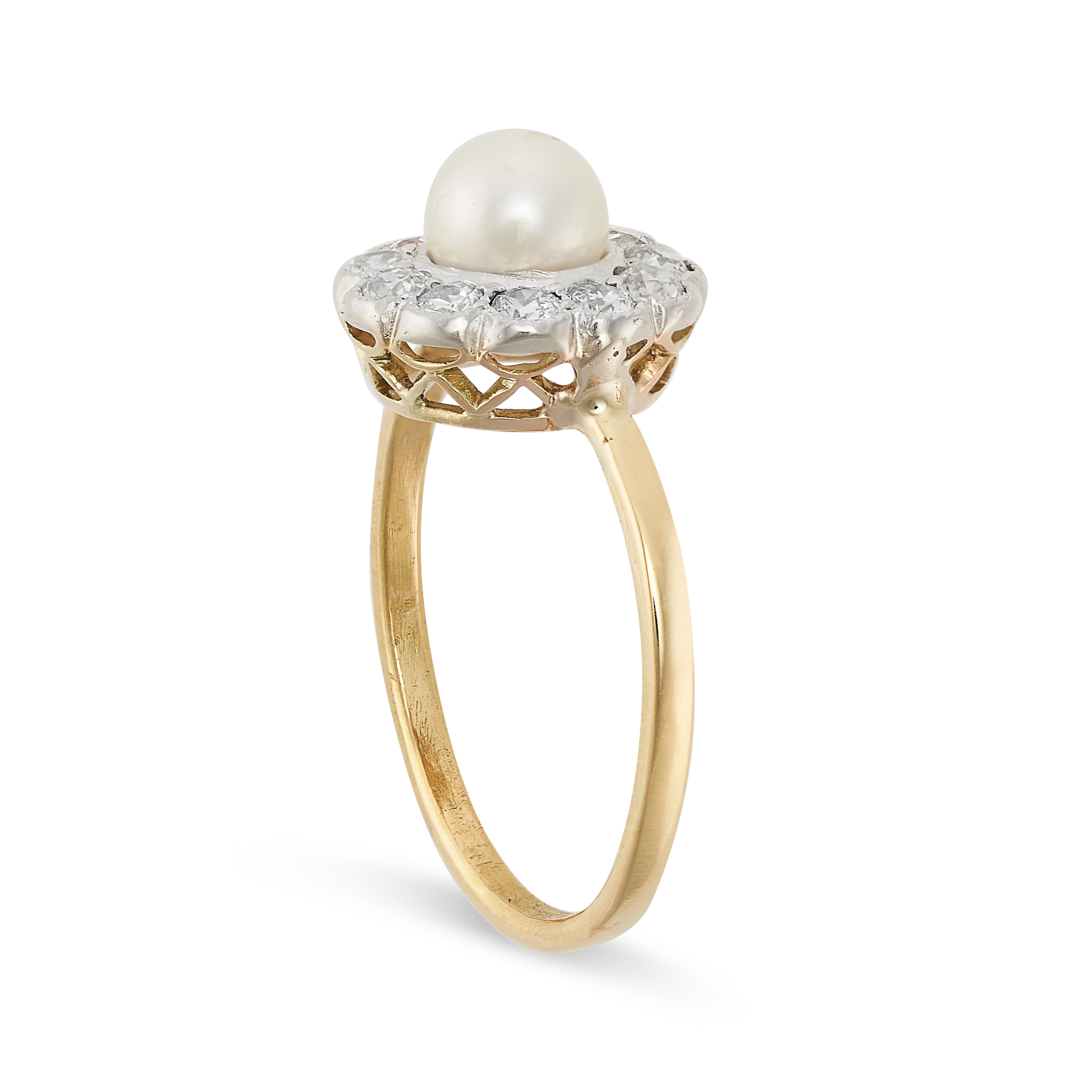 A PEARL AND DIAMOND CLUSTER RING set with a pearl of 5.8mm in a cluster of old cut diamonds, no - Image 2 of 2