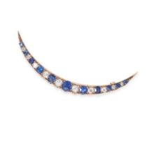 AN ANTIQUE SAPPHIRE AND DIAMOND CRESCENT BROOCH in yellow gold, designed as a crescent moon, set