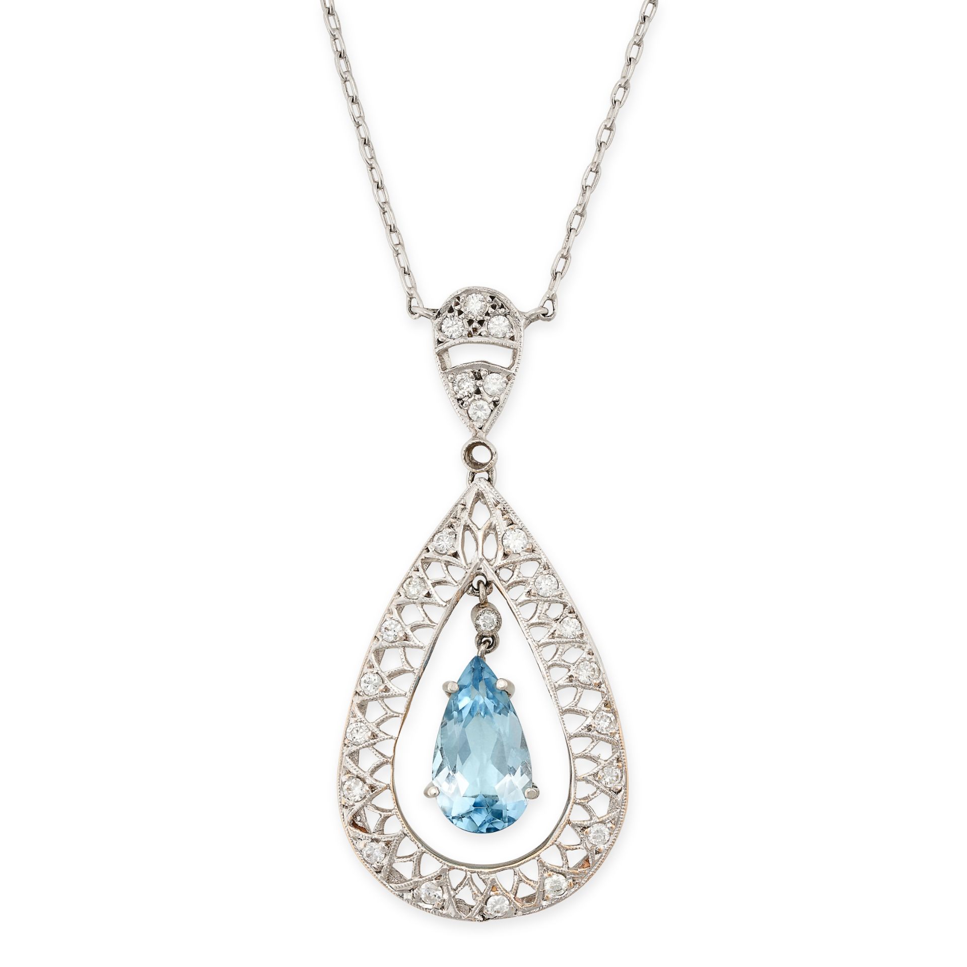 AN AQUAMARINE AND DIAMOND PENDANT NECKLACE comprising an openwork pear shaped pendant set with round