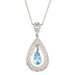 AN AQUAMARINE AND DIAMOND PENDANT NECKLACE comprising an openwork pear shaped pendant set with round
