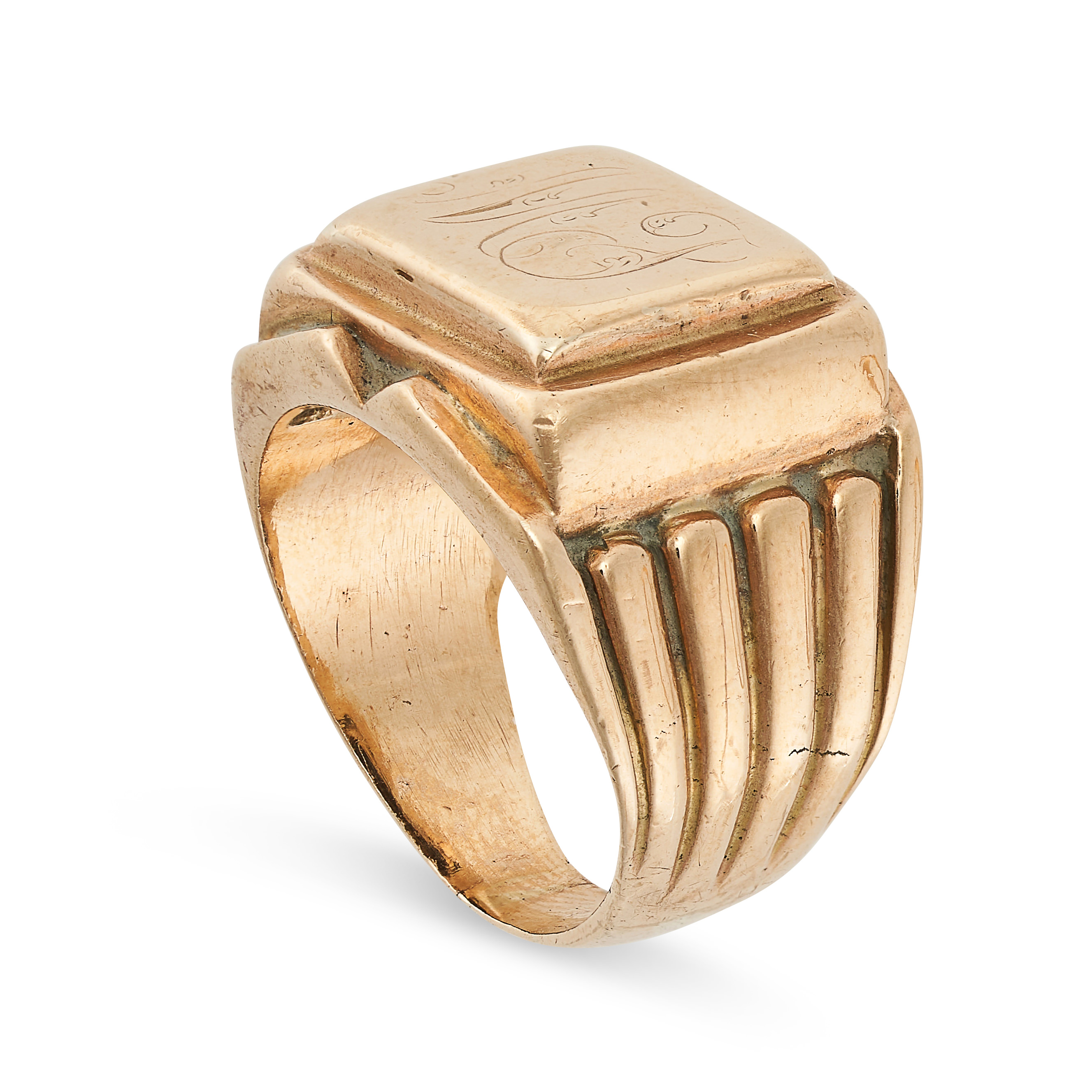 AN ANTIQUE SIGNET RING in yellow gold, the rectangular face engraved with the monogram 'MP', - Image 2 of 2
