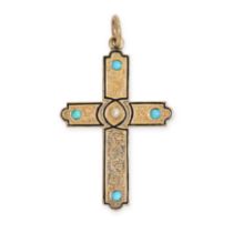 AN ANTIQUE TURQUOISE, PEARL AND ENAMEL CROSS PENDANT in yellow gold, set with cabochon turquoise and