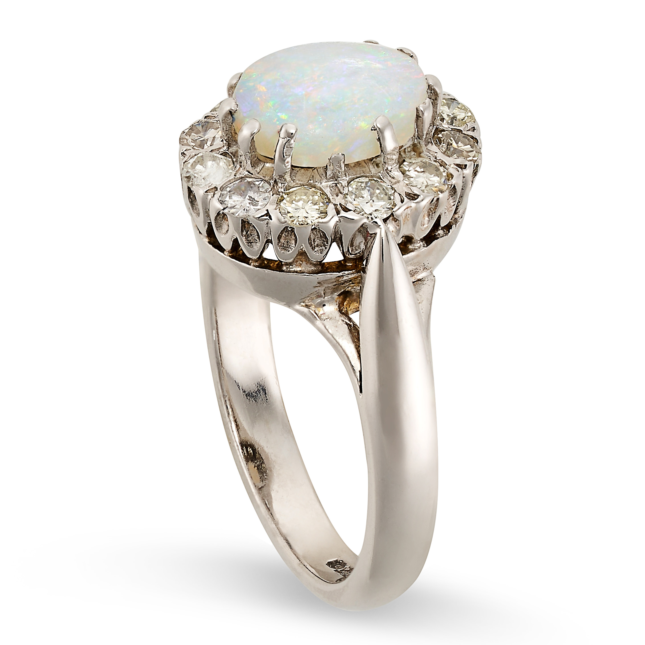 AN OPAL AND DIAMOND CLUSTER RING in 18ct white gold, set with a cabochon opal in a cluster of - Image 2 of 2