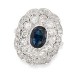 A SAPPHIRE AND DIAMOND RING set with an oval cut sapphire of 1.30 carats, in a scalloped border