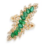 AN EMERALD AND DIAMOND COCKTAIL RING in abstract foliate design, set with a row of marquise cut