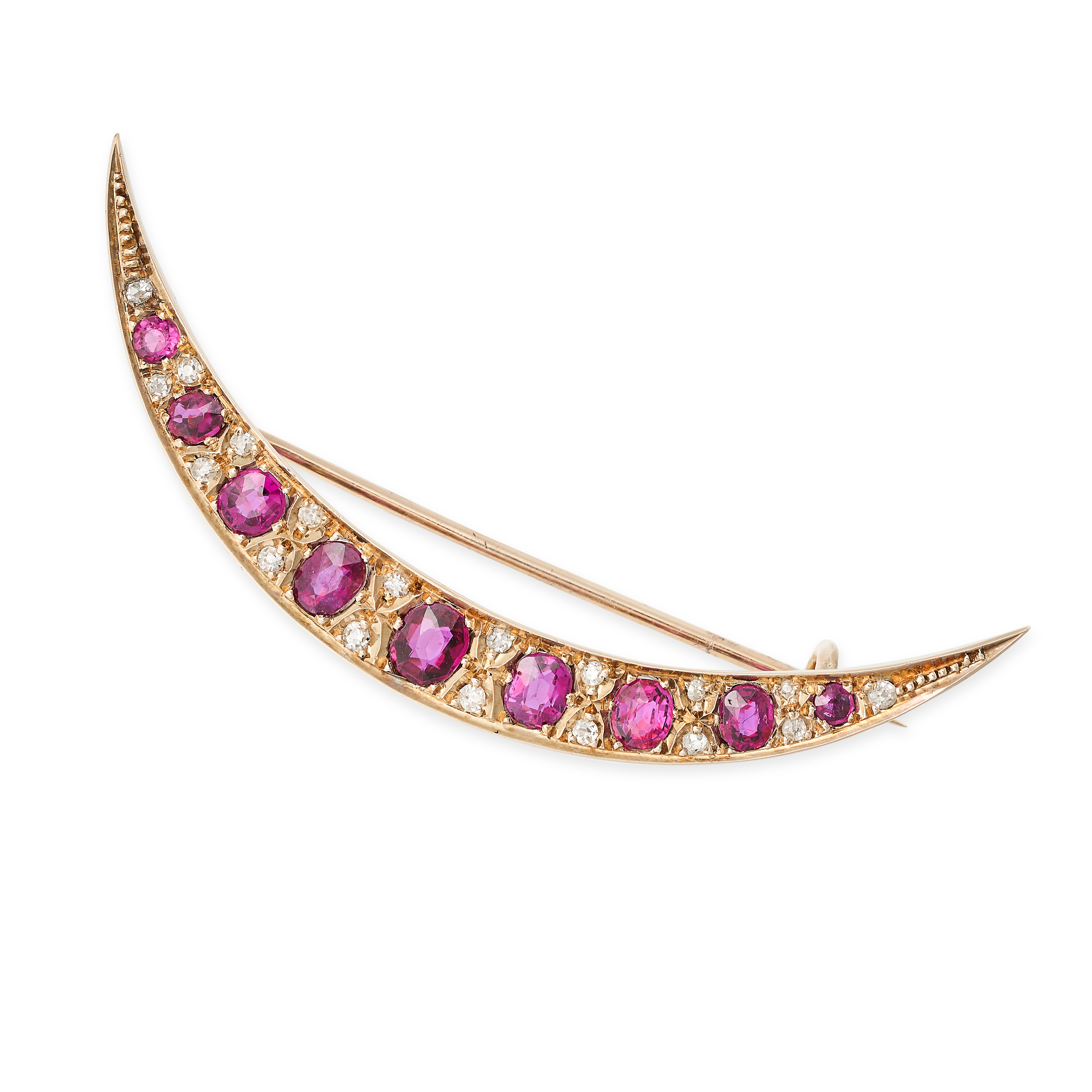 AN ANTIQUE VICTORIAN RUBY AND DIAMOND CRESCENT MOON BROOCH in yellow gold, set with round and