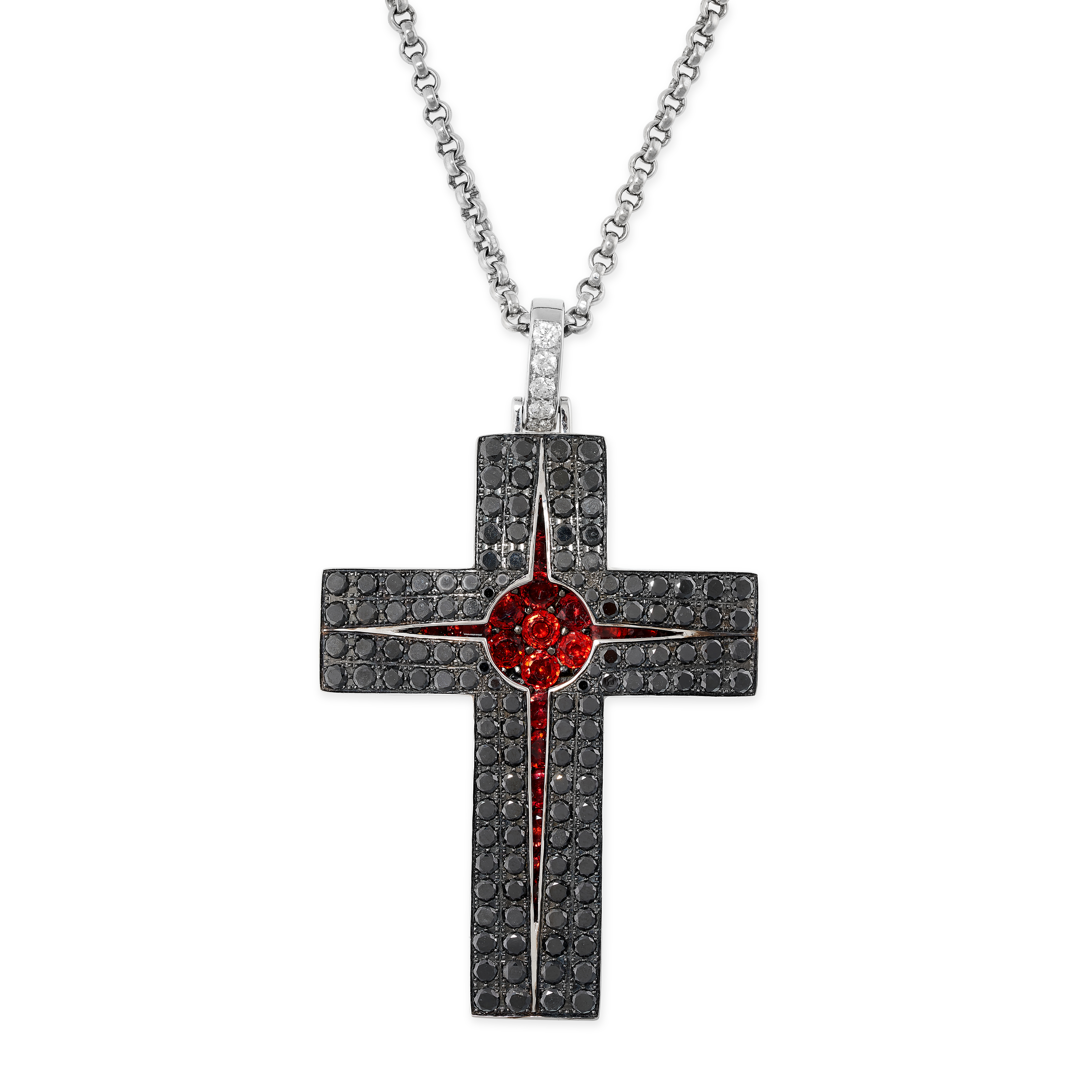 A BLACK DIAMOND AND GARNET CROSS PENDANT in 18ct white gold, designed as an openwork cross, the