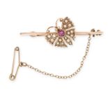 AN ANTIQUE RUBY AND PEARL BUTTERFLY BAR BROOCH in yellow gold, set with a butterfly motif with a