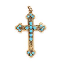 AN ANTIQUE TURQUOISE CROSS PENDANT in yellow gold, the front set with clusters of cabochon