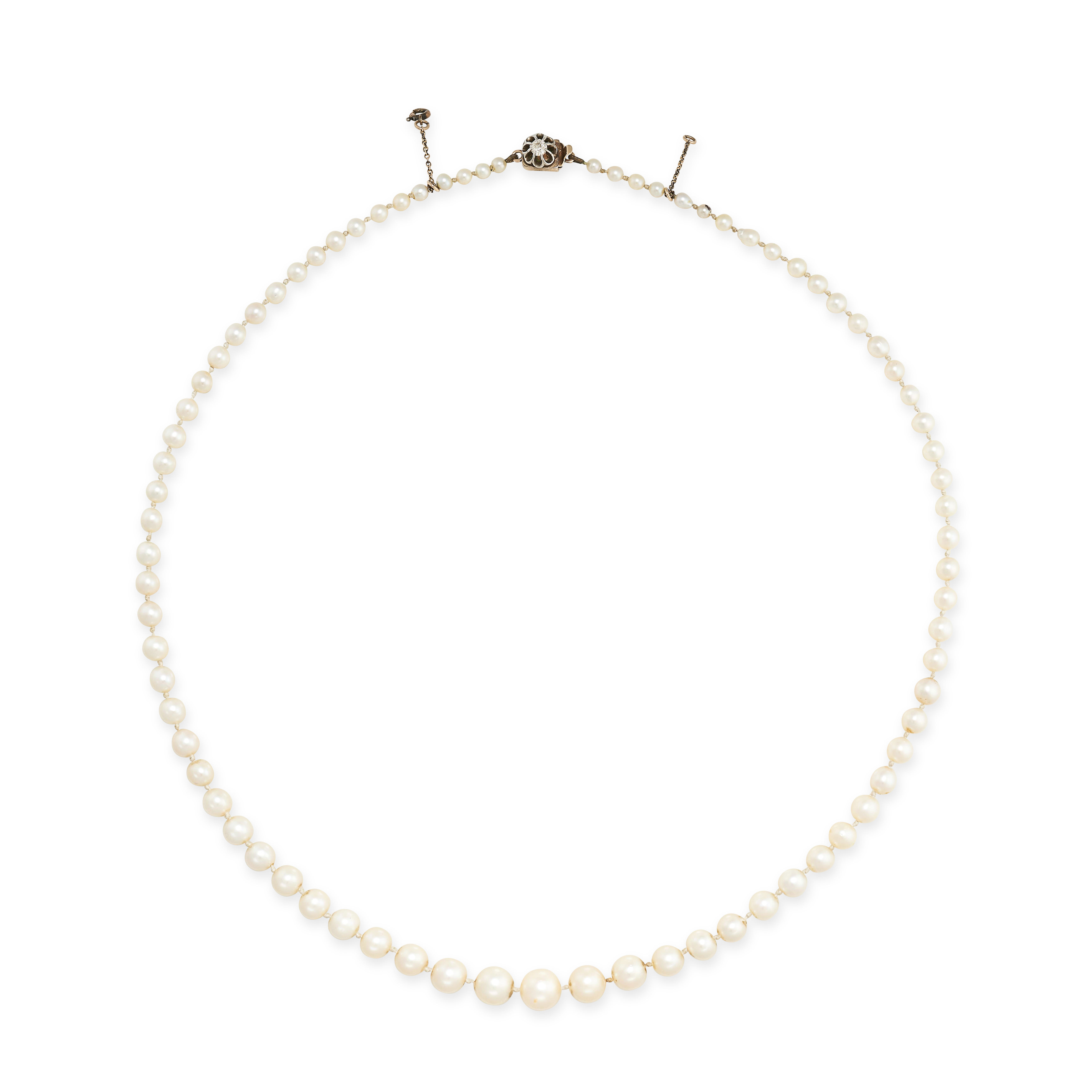 A PEARL AND DIAMOND NECKLACE comprising a single row of of pearls ranging from 3.2mm to 8.2mm, the