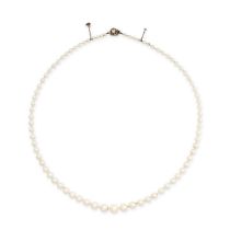 A PEARL AND DIAMOND NECKLACE comprising a single row of of pearls ranging from 3.2mm to 8.2mm, the