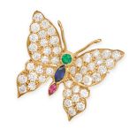 A DIAMOND, EMERALD, SAPPHIRE AND RUBY BUTTERFLY BROOCH in 18ct yellow gold, designed as a butterfly,