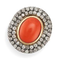 A VINTAGE CORAL AND DIAMOND CLUSTER RING in 14ct yellow gold and silver, set with a coral