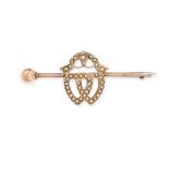 AN ANTIQUE PEARL SWEETHEART BAR BROOCH in yellow gold, comprising two interlocking heart motifs