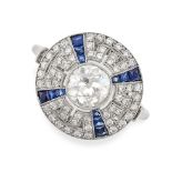 A SAPPHIRE AND DIAMOND RING in Art Deco style, set with an old European cut diamond of 1.00 carat in