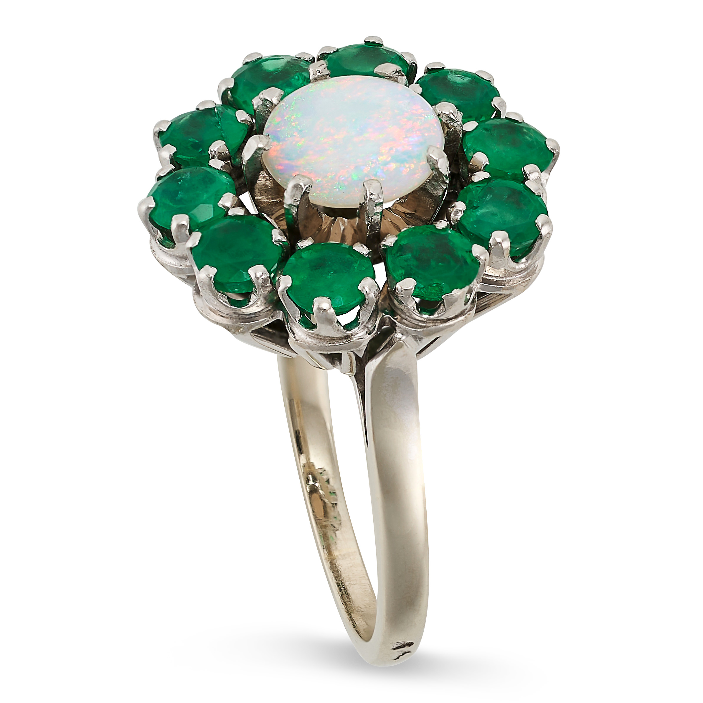AN OPAL AND EMERALD CLUSTER RING set with a cabochon opal in a cluster of round cut emeralds, no - Image 2 of 2