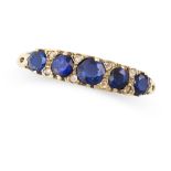 A VINTAGE SAPPHIRE AND DIAMOND RING in 18ct yellow gold, set with five round cut sapphires