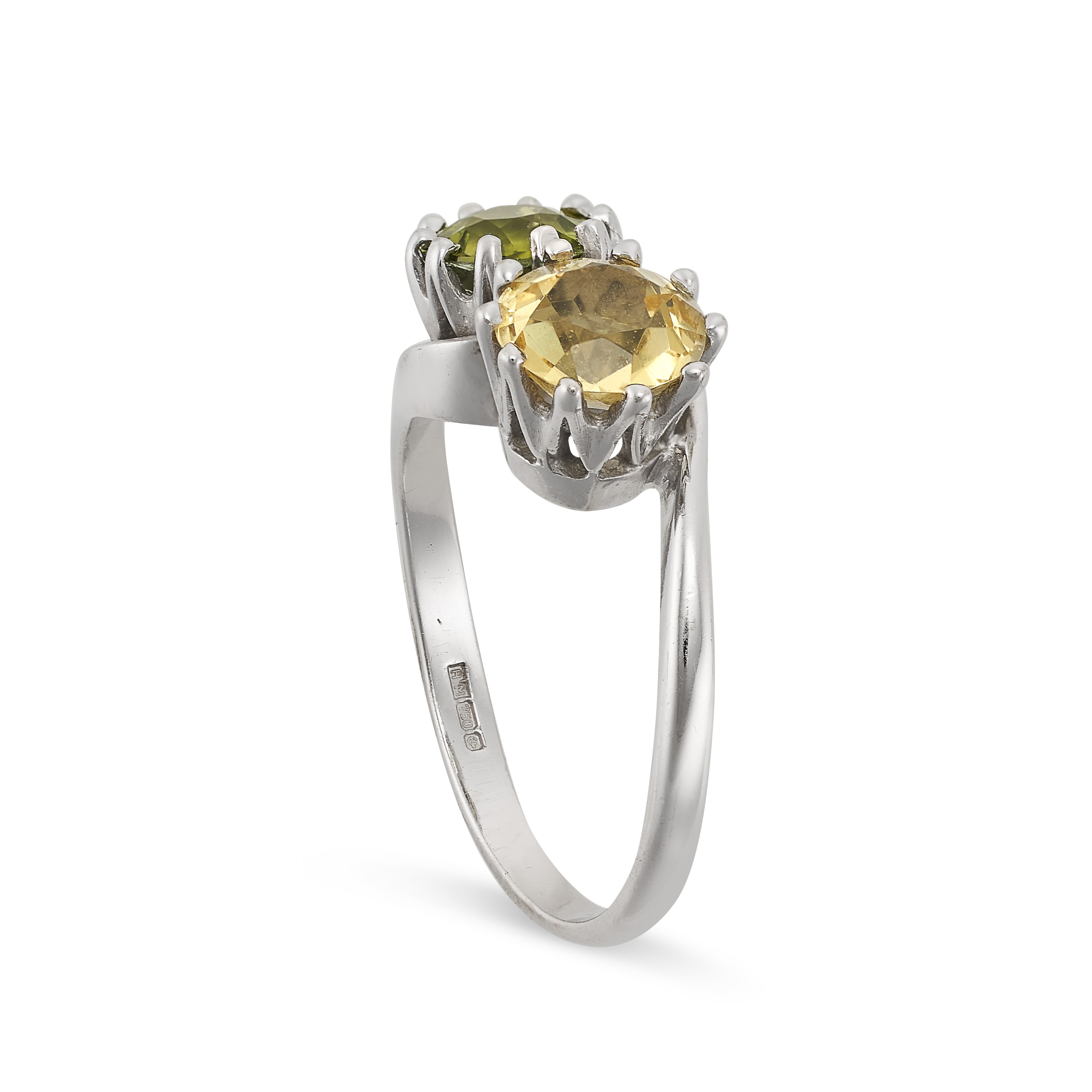 A PERIDOT AND CITRINE TOI ET MOI RING in 18ct white gold, set with a round cut peridot and a round - Image 2 of 2