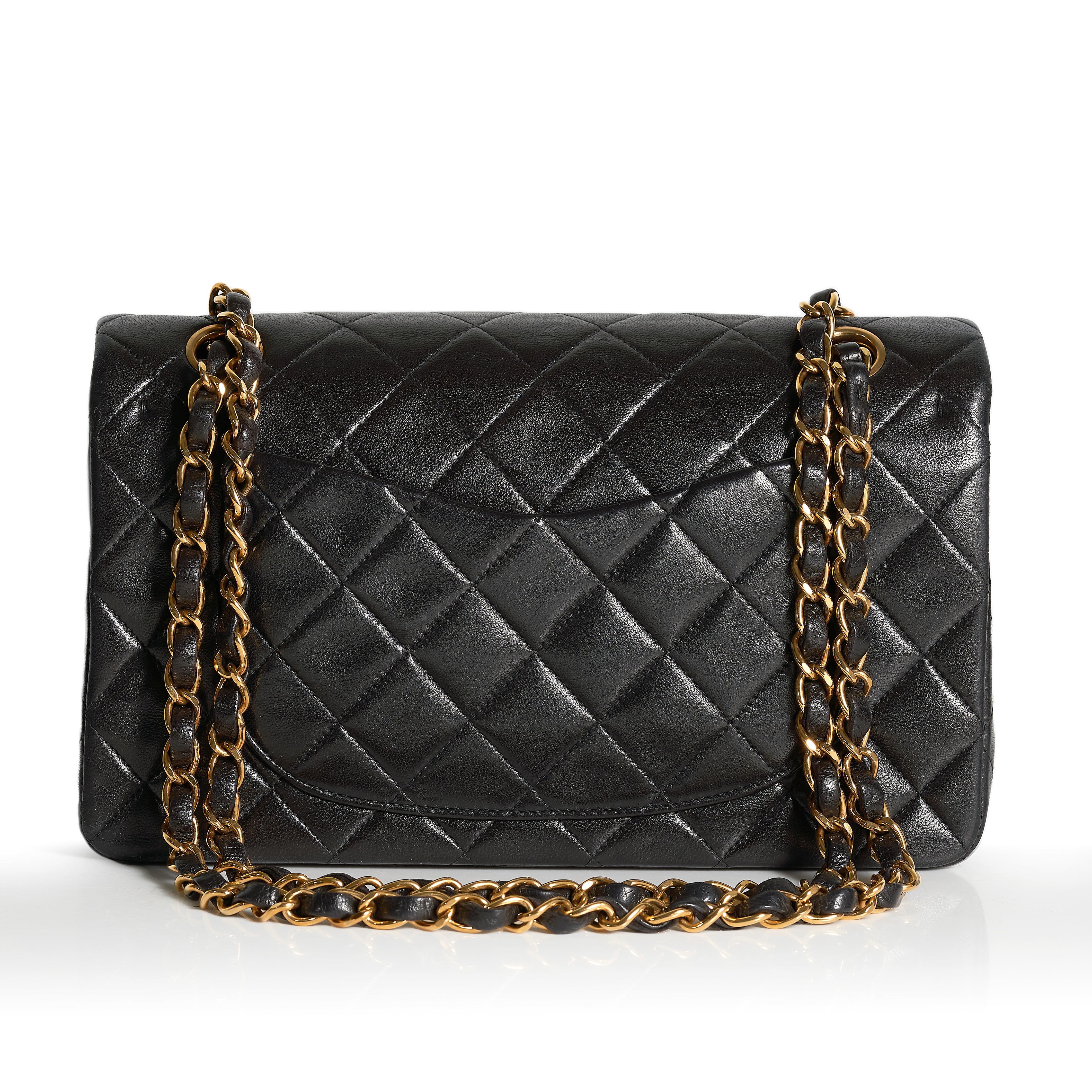 CHANEL, A VINTAGE BLACK QUILTED LAMB LEATHER 9" DOUBLE FLAP BAG quilted lamb leather, gold tone - Image 2 of 3