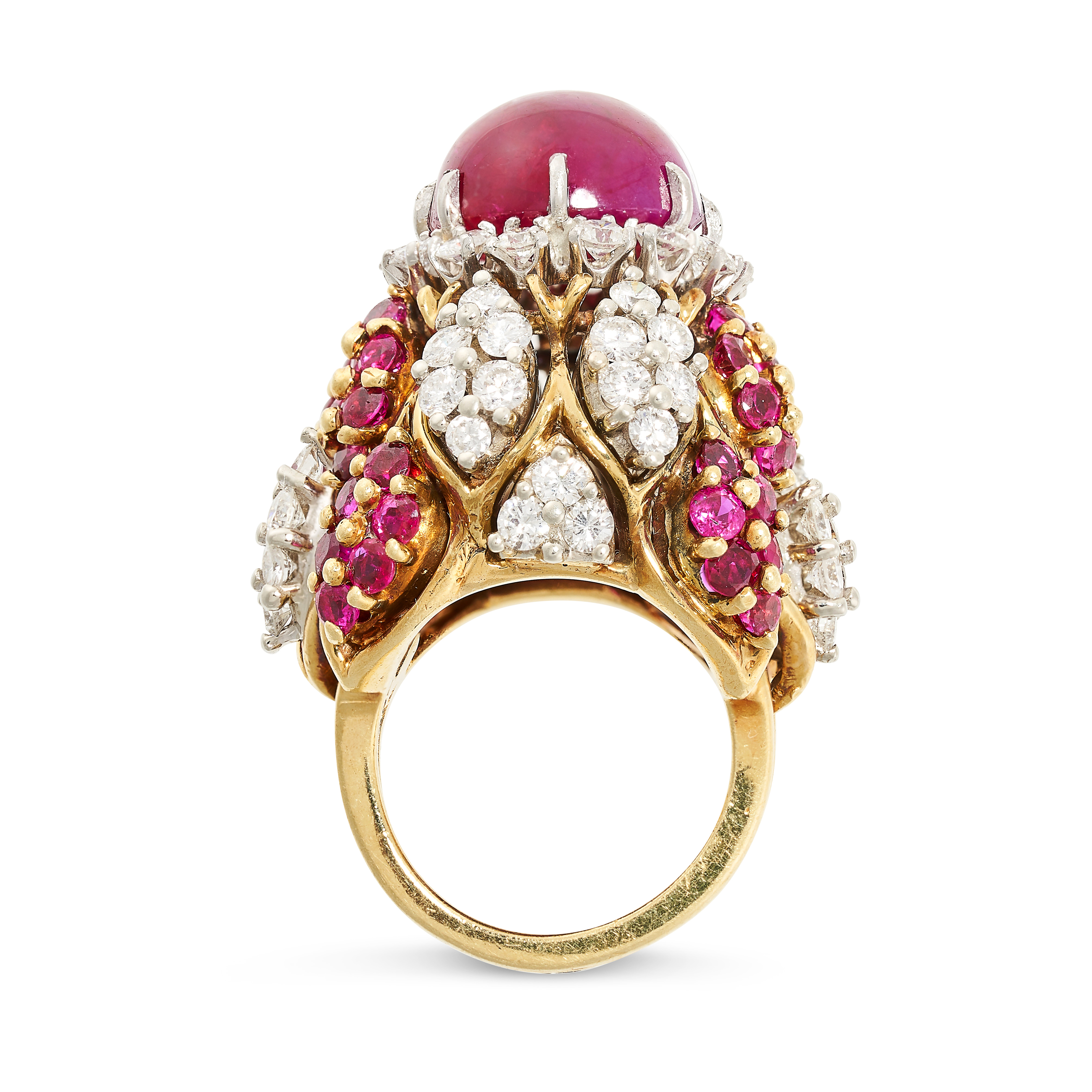 A VINTAGE RUBY AND DIAMOND COCKTAIL RING in yellow gold, set with a cabochon ruby of 16.83 carats in - Image 2 of 2