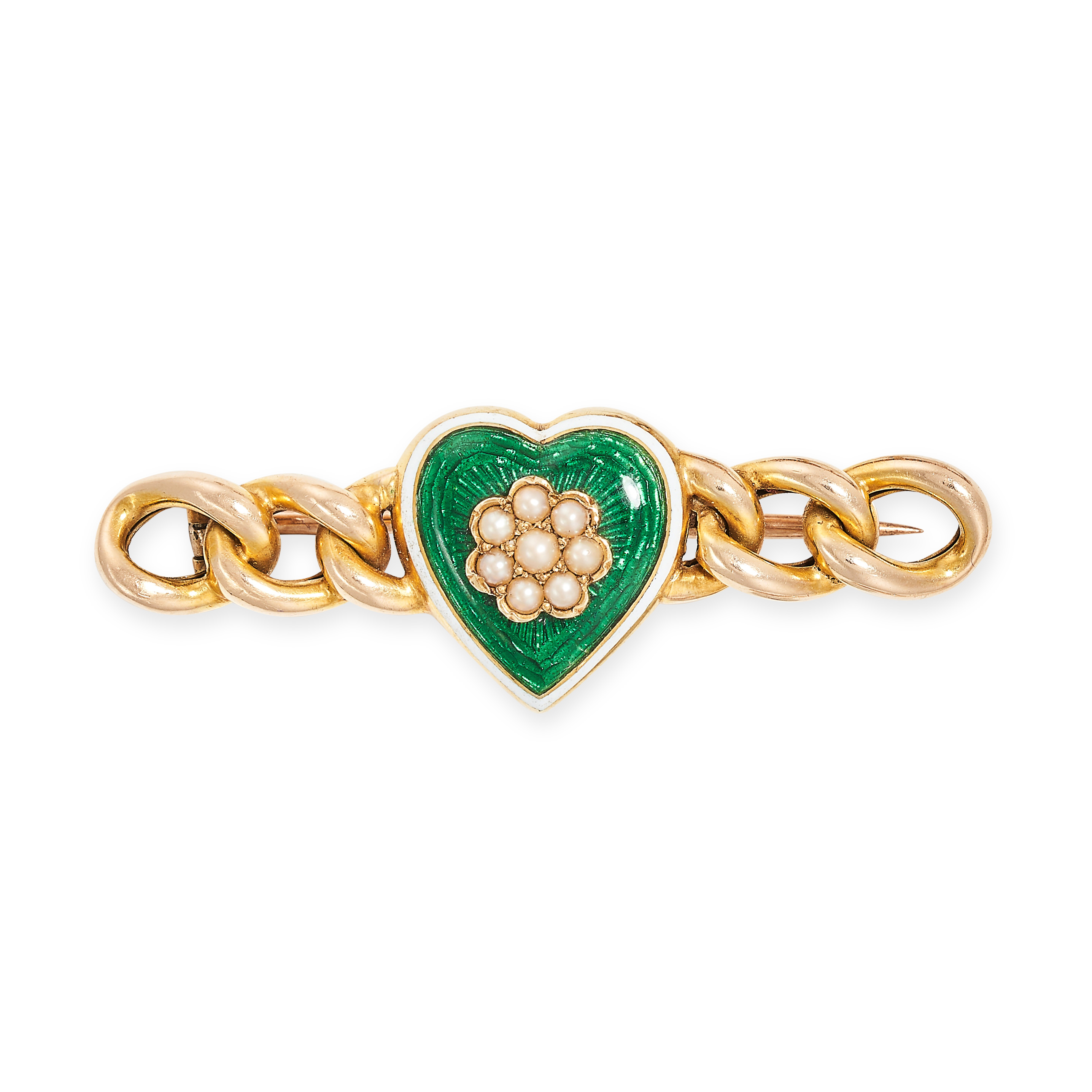 AN ANTIQUE ENAMEL AND PEARL HEART BROOCH in 15ct yellow gold, designed as a series of interlocking