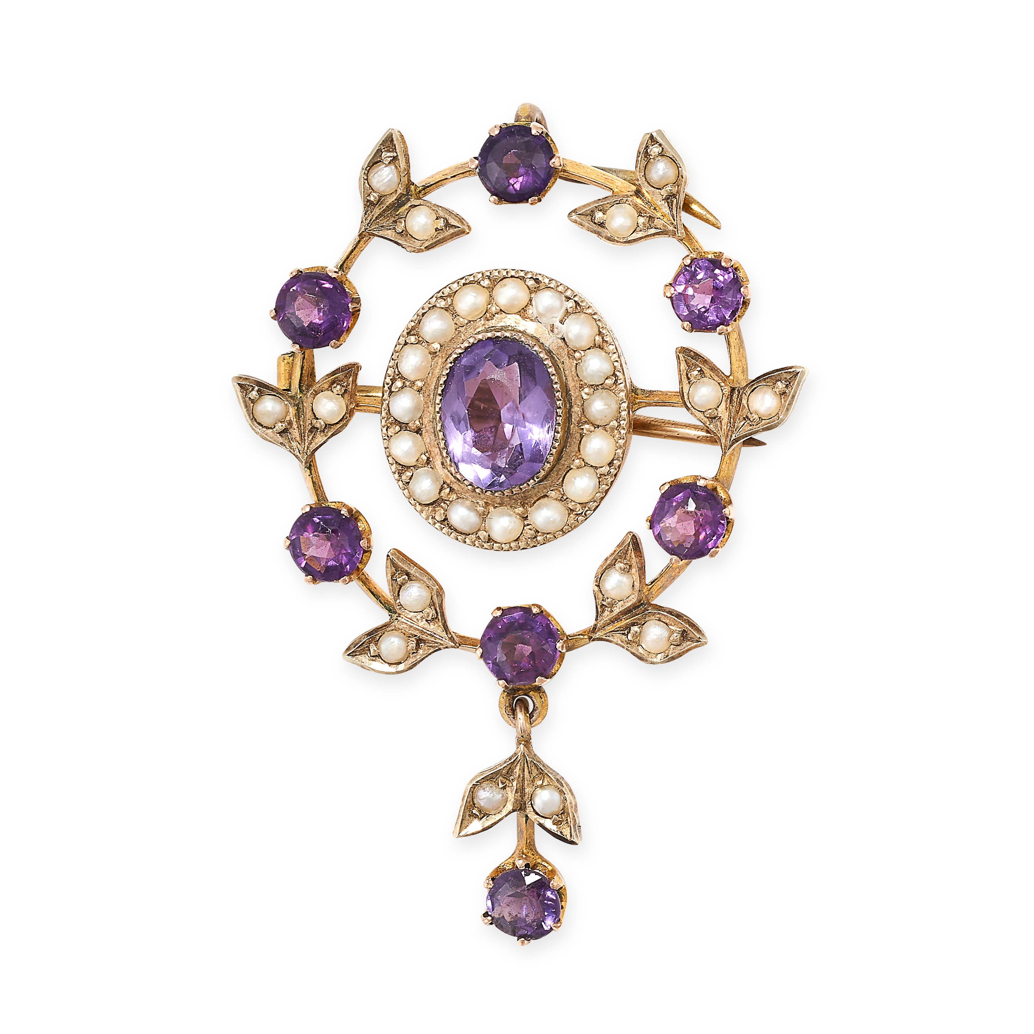 AN ANTIQUE EDWARDIAN AMETHYST AND PEARL PENDANT / BROOCH in 9ct yellow gold, set with an oval cut