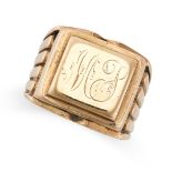 AN ANTIQUE SIGNET RING in yellow gold, the rectangular face engraved with the monogram 'MP',