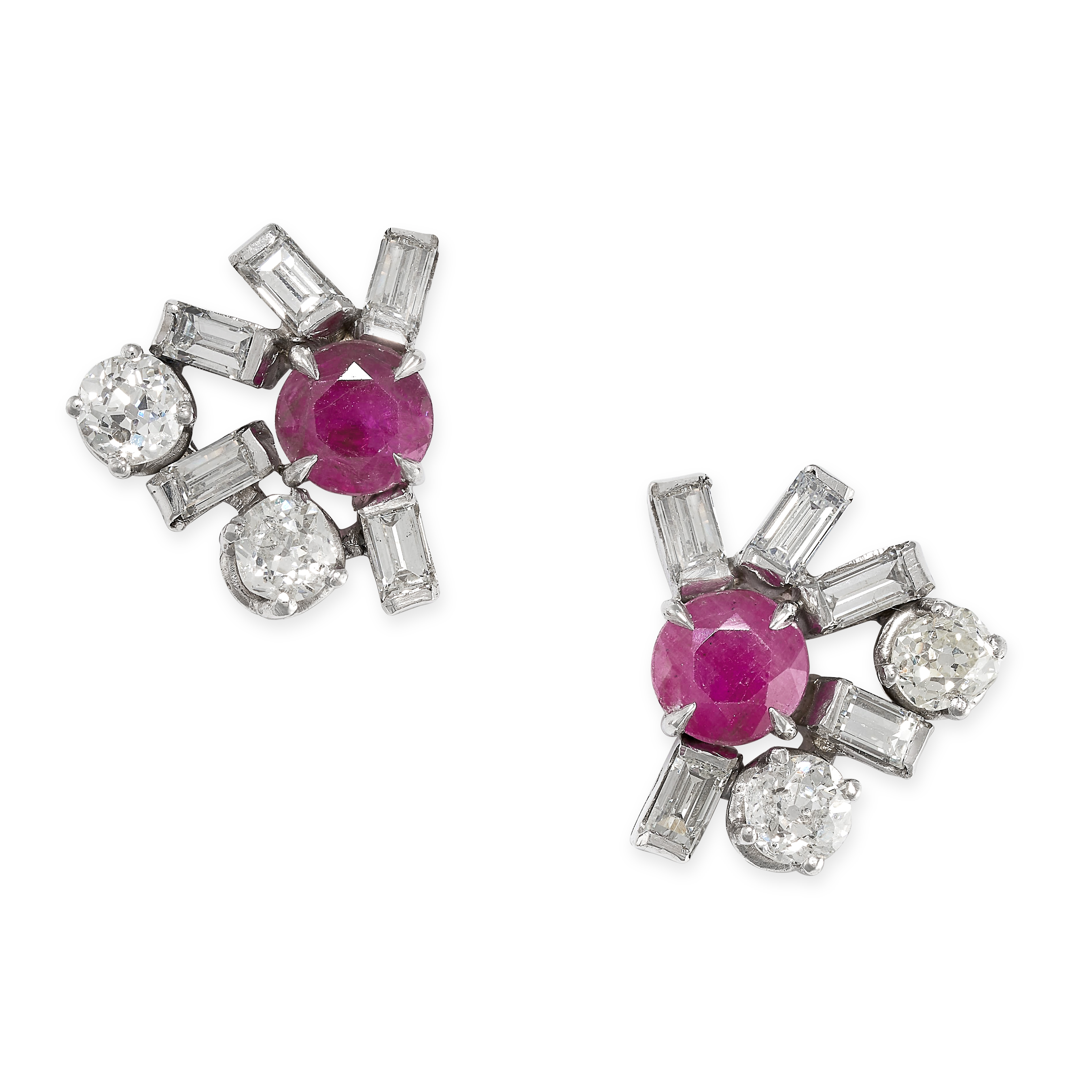 A PAIR OF RUBY AND DIAMOND EARRINGS set with a round cut ruby within a border of old and baguette