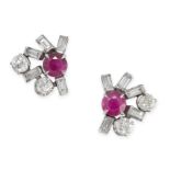 A PAIR OF RUBY AND DIAMOND EARRINGS set with a round cut ruby within a border of old and baguette