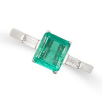 AN EMERALD AND DIAMOND RING in 18ct white gold, set with a step cut emerald of 1.00 carat between